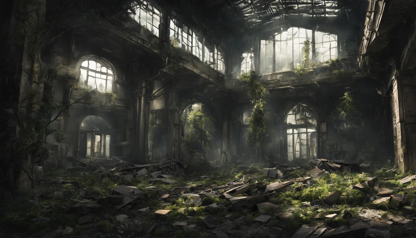 "Abandoned city, post apocalyptic scenery, Desolate and eerie atmosphere, building crumbling, overgrown plants, Undeservedly beautiful, dramatic lighting, Scattered debris, A sense of mystery and melancholy."