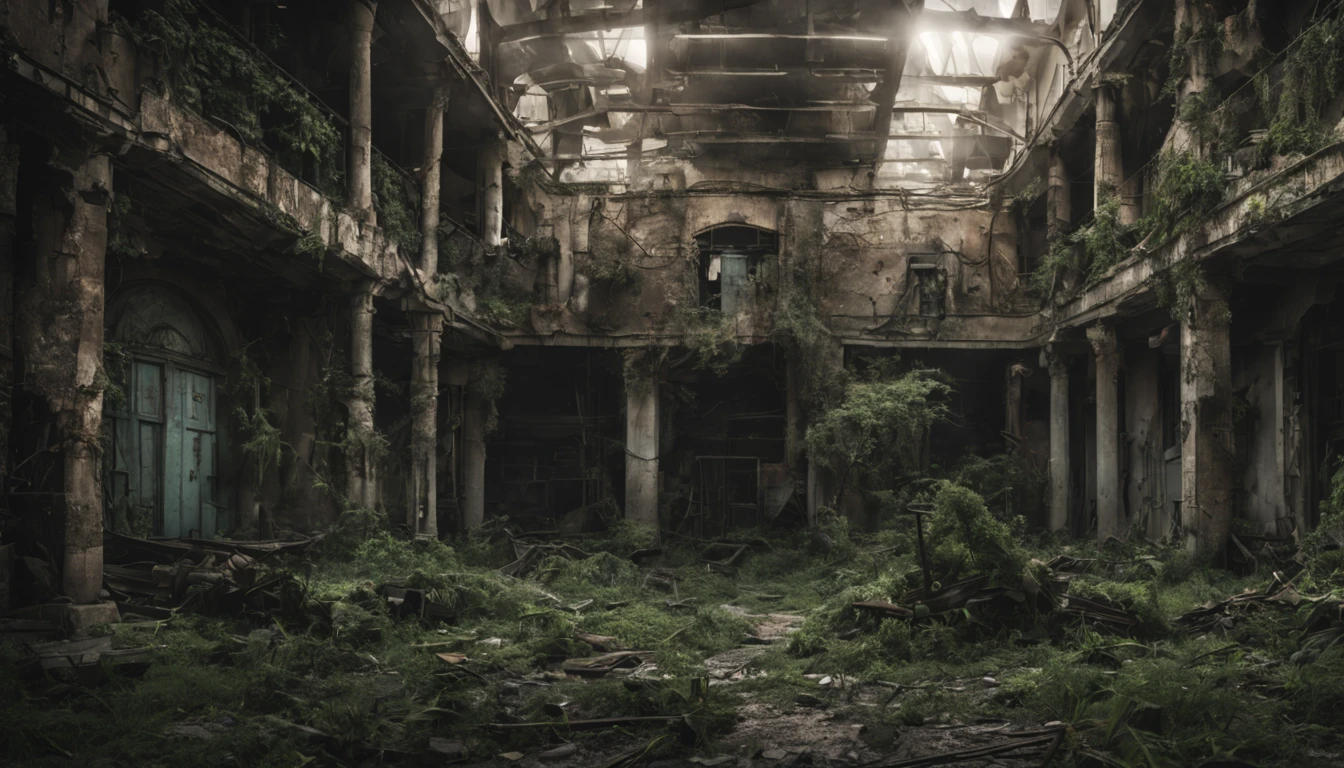 "Abandoned city, post apocalyptic scenery, Desolate and eerie atmosphere, building crumbling, overgrown plants, Undeservedly beautiful, dramatic lighting, Scattered debris, A sense of mystery and melancholy."