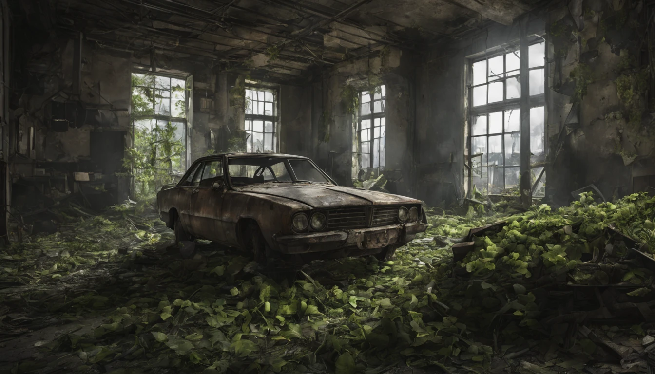 "Abandoned city, post apocalyptic scenery, Desolate and eerie atmosphere, building crumbling, overgrown plants, Undeservedly beautiful, dramatic lighting, Scattered debris, A sense of mystery and melancholy."