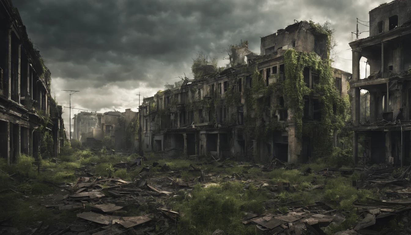 "Abandoned city, post apocalyptic scenery, Desolate and eerie atmosphere, building crumbling, overgrown plants, Undeservedly beautiful, dramatic lighting, Scattered debris, A sense of mystery and melancholy."