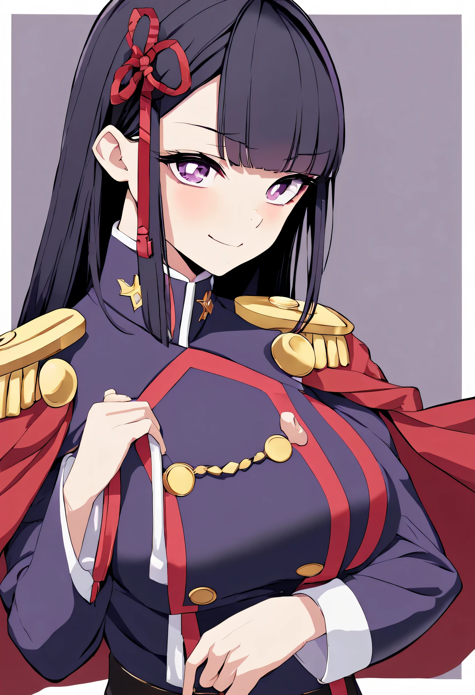 masterpiece, best quality,    ï¼1girl, solo, epaulettes, long hair, purple eyes, looking at viewer, bangs, upper body, breasts, blunt bangs, closed mouth, ribbon, white pupils, hair ribbon, white border, jacket, bright pupils, red ribbon, large breasts, border, tassel, high collar, purple hair, purple background, hair ornament, buttons, outside border, black hair, blunt ends, basement background, uniform, double-breasted, purple jacket, aiguillette, grey background, cape, military, red jacket, military uniform, sidelocks, holding dog collar in hands, mischeavious smile