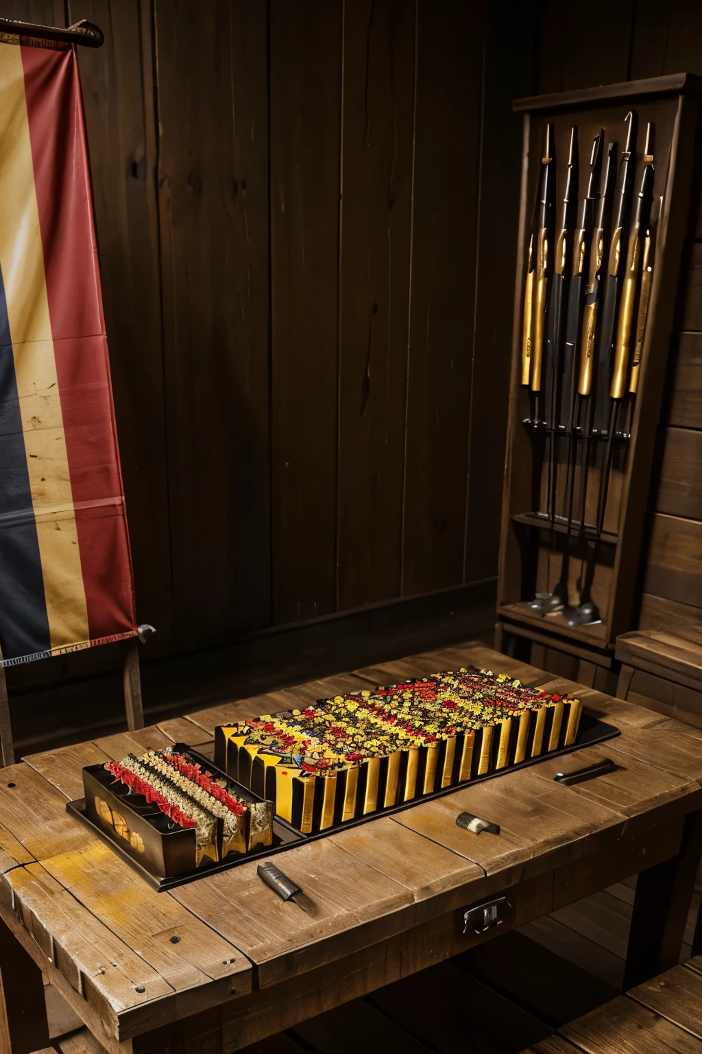 Scene description: A wooden table, serving as an unique exhibit, holds the Belgian flag as its top. The flag, brilliantly depicted with its red, yellow, and black stripes, represents the national identity with precision. Exquisitely arranged on the table, atop a rustic tin ammo box, lie a combination of ammunition and Belgian delicacies from the renowned Fini brand.

Inside the ammo box, two distinct piles can be observed. The first pile consists of metallic ammunition, symbolizing the rich military history of Belgium. The second pile is composed of colorful tubes of Fini candies, arranged meticulously in the order of the Belg