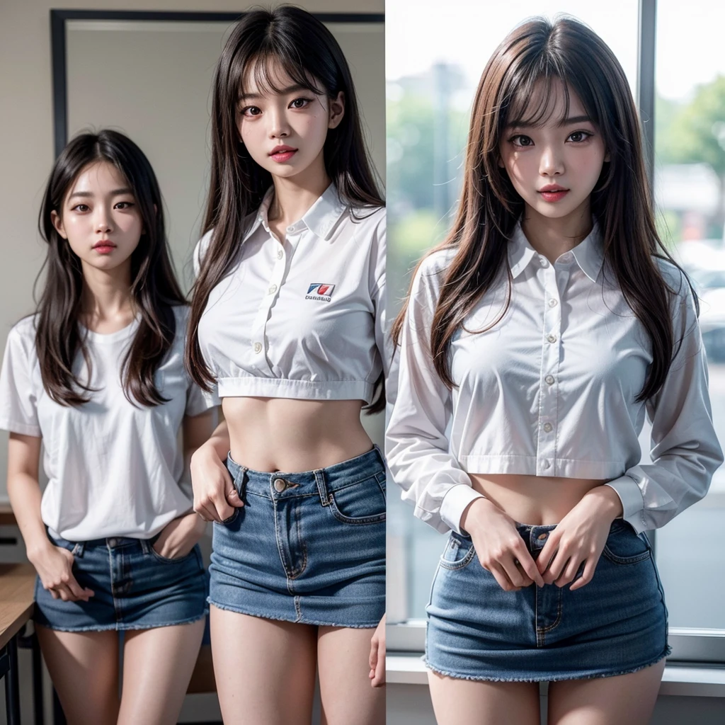 Solo 1 Asian Girl Look liked Lisa (리사) Blackpink) in a Sexy student uniform (mini skirt and tight white shirt) Panties visible, Slim girl model, Sexy posing, Classroom, Real photo style, smile, shy, expressionless, expressions, multicolored eyes, eye reflection, open mouth, pain, facial hair, parted lips, nervous smile, expressions, bright pupils, oral invitation, depth of field, ray tracing, drop shadow, multiple views, f/1.8, bokeh, masterpiece, textured skin, anatomically correct, super detail, high quality, best quality, highres, 8k