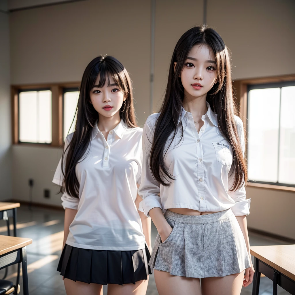Solo 1 Asian Girl Look liked Lisa (리사) Blackpink) in a Sexy student uniform (mini skirt and tight white shirt) Panties visible, Slim girl model, Sexy posing, Classroom, Real photo style, smile, shy, expressionless, expressions, multicolored eyes, eye reflection, open mouth, pain, facial hair, parted lips, nervous smile, expressions, bright pupils, oral invitation, depth of field, ray tracing, drop shadow, multiple views, f/1.8, bokeh, masterpiece, textured skin, anatomically correct, super detail, high quality, best quality, highres, 8k