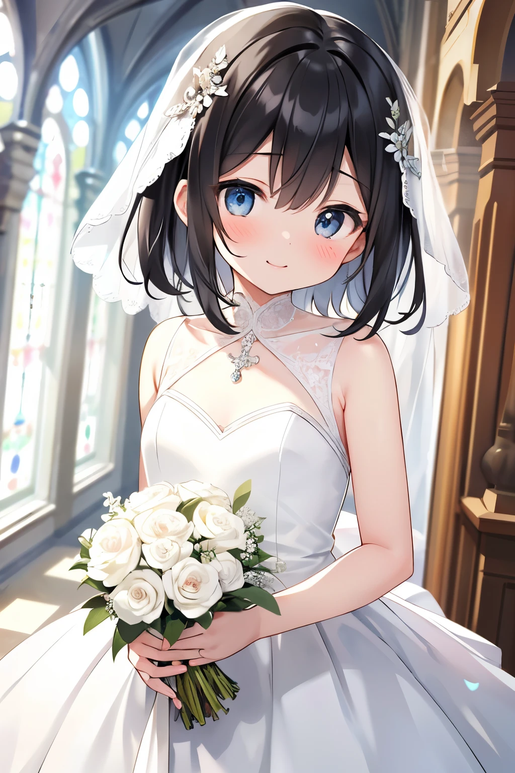 {{{masterpiece}}}, {{{highest quality}}}, {{super detailed}}, {NSFW}, {{very delicate and beautiful、 beautiful and fine eyes}},black hair、medium hair、small curve 1.2、cute 、Wedding dress、church background、holding a bouquet of flowers in both hands、smile、、blush、please keep your mouth shut、、cinematic angle:1.5、