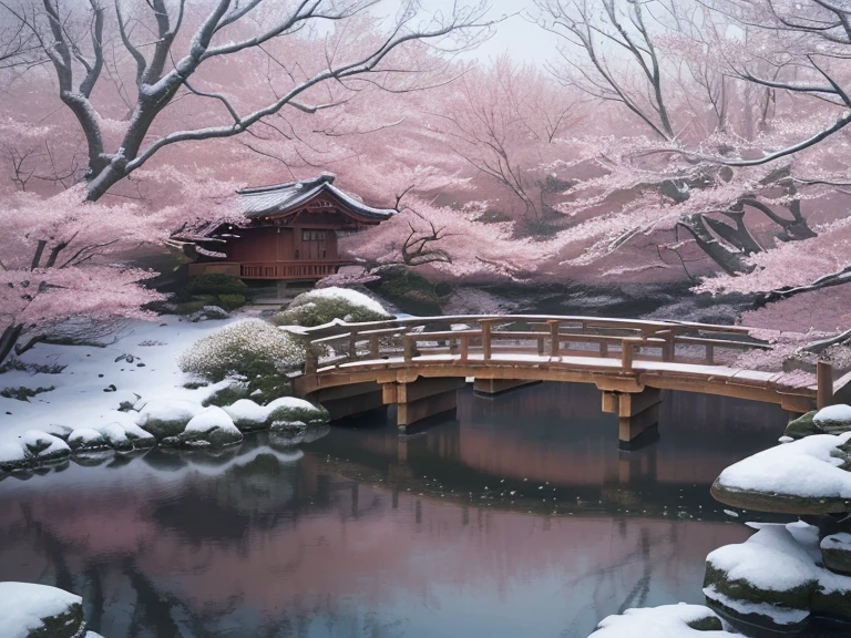 (best quality,4k,8k,highres,masterpiece:1.2),ultra-detailed,(realistic,photorealistic,photo-realistic:1.37),beautiful Japanese garden,in winter scenery,watercolor painting,serene atmosphere,delicate cherry blossoms,icy branches,glistening snowflakes,tranquil pond,reflections on the water,subtle shades of pink and white,traditional wooden bridge,softly falling snow,peaceful sense of solitude,crisp air,quiet stillness,sublime beauty,ethereal landscape,subdued color palette,sublime composition,ethereal strokes of paint,subtle texture,impressionistic rendition,sublime portrayal of nature,delicate brushwork,evocative depiction of winter,stunning contrast of colors,warmth in the cold,wisps of steam from a nearby teahouse,calm and peaceful ambiance,tranquil respite in the midst of winter,endless tranquility and purity,picturesque setting,harmony between man and nature,serenity in simplicity,harmonious blend of the natural elements,exquisite beauty.