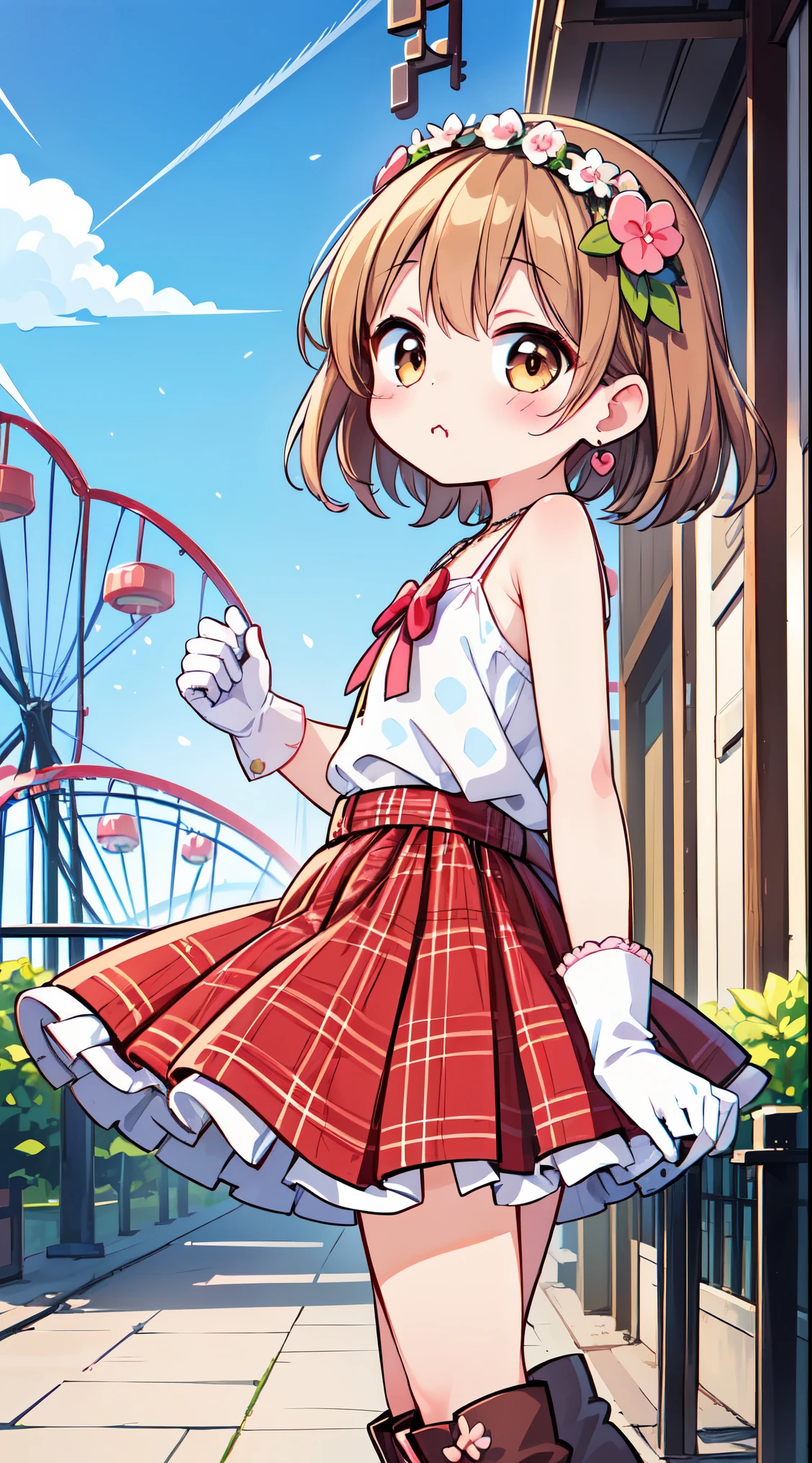 (super fine illustration:1.2),(masterpiece, 8k), (best quality, high quality:1.4), perfect anatomy, hyper detailed, ultra detailed,masterpiece background,beautiful detailed background, v8k wallpaper,perfect design,award-winning art,atmospheric,
BREAK, (Cute:1.5),(Chibi:0.5),(kawaii:2.0),(:2.0),(7 girl),(Solo:1.65),BREAK, (flat chest:1.2,), Clear skin, Beautiful skin, Shy, One beautiful ,Colossal tits(Hair Bow, reddish brown hair, Twin-tailed:1.2), (Brown eyes, long eyelashes, Double eyelids: 1.4), Shiny skin, BREAK, Star \(symbol\, (gloves, White Gloves:1.3), (bug, Dress,polka dot:1.3) , Looking at Viewer,(long boots:1.2), BREAK, country style, western-inspired clothing, cowboy boots, denim, plaid shirts, rustic accessories, earthy colors, casual comfort,
BREAK, (1girl, solo, looking at viewer, walking:1.2), (Amusement park:1.2), (attractions, theme parks, roller coaster:1.2), (ferris wheel:1.2), (flower, fountain:1.2), (outdoor:1.2), beautiful detailed sky, dating, sunlight, beautiful lighting, volumetric lighting,
BREAK ((white camisole), detailed frilled camisole), (red skirt, detailed laced skirt), (tiara, necklace, earrings), (flower crown, flower head, side flower head, flower hair ornament:1.5)
BREAK,wakame,wakame,wakame,(looking up,from side:1.5) ,
BREAK,(Blurry background:1.3),(absurderes, hight resolution, Super Detail Art),cel shading,Clear Color, Lonely optical effect, Beautiful pictures, Bright glow, mystic atmosphere,(Close-up of girl:1.1), Mystical light particle effect,manga influence, clean line drawings,