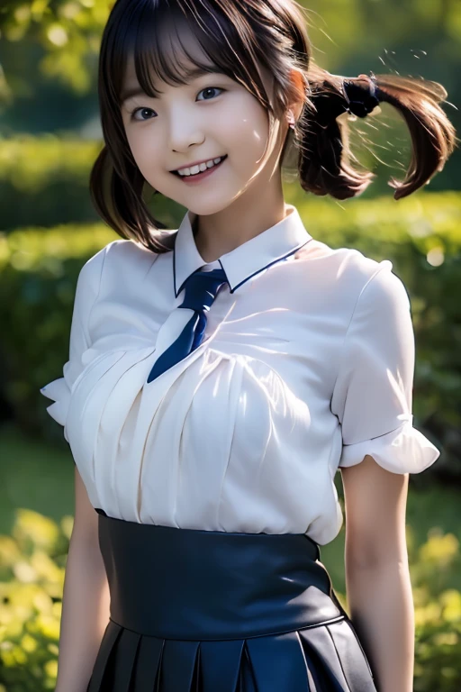((white short sleeve blouse、ultra mini pleated skirt、dark blue)), ((red tie))、 ((black boots))、((whole body esbion))、((side shot))、((、small and flat chest))、Beautiful girl with realistic black eyes, white skin, medium length black hair, perfect face, perfect eyes, very detailed, comprehensive movie, digital painting, 8K, cinematic lighting, highest quality, High resolution, detailed work, Post-processing, perfect results, surreal、Little dance、Frolic、My heart is excited