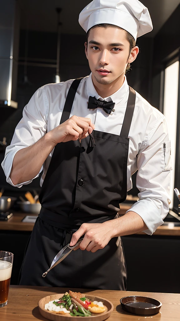 (handsome man in his 30's), (wearing men's Thong), big male genitals under Thong, handsome muscular waiter of the prestigious restaurant,  he is in his 30's,  red uniform, food and drinks, mischievous smile, (high detail:1 1), Natural muscle、highly quality、beautiful eye、(detailed face and eyes)、(faceless:1 2)、noise、real photo、...PSD、sharp focus、high resolution 8k、Realistic and professional photos、8K UHD、soft lighting、highly quality、film grain、Fujifilm XT3