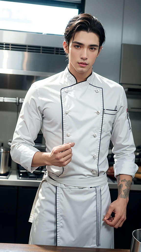 USA man, ((20s young restaurant chef man )), (Lovely erotic men of beautiful body, perfect handsome and beautiful face:1.3), shirtless and wear chef's jacket, wear a chef's hat, skinny muscles, abs, top 100 handsome man in the world, On a bright day, The background of the restaurant kitchen where can see the kitchen utensils, Real 8000k professional dslr photo portrait of olpntng style, hauntingly surreal,rich Delicate colors, highly detailed, trending on cgsociety,trending on artstation, gloss, by artgerm, heavy strokes,sharp focus,emitting diodes, a real-life image, big eyes, ultra intricate details, sdxl, sfw, a thick silhouette on the outside of the pants,full of masculinity, uhd picture, clear image, close up,