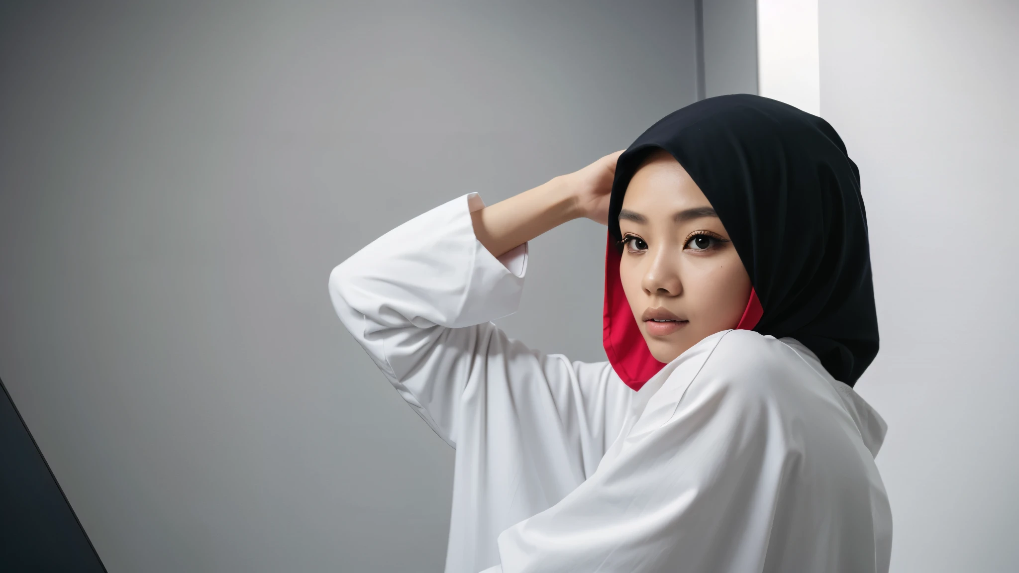 1 malay women in dark red hijab wearing big oversized long sleeve white Tshirt and a dark red cargo pants in studio, cute pose, 8mm lens, close-up, pastel color grading, depth of field cinematography effect, film noir genre, 8k resolution, high quality, ultra detail,