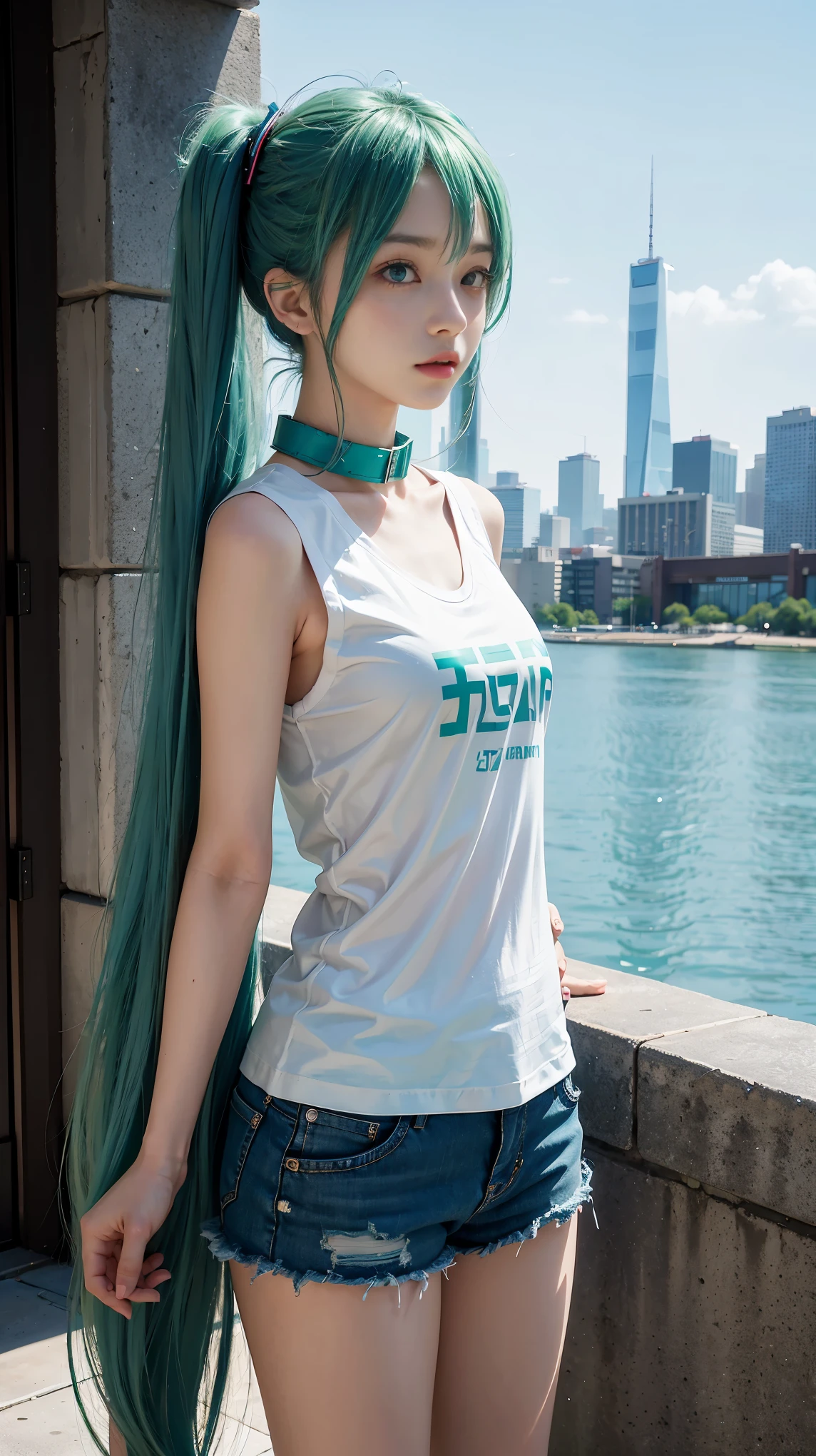 , Hatsune Miku, city, green hair, green eyes, vocaloid, girl in need, collar, white shirt, t-shirt, blue short, sleeveless, looking at viewer, standing