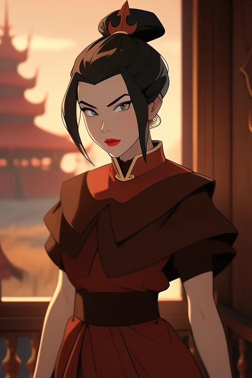 Beautiful, Masterpiece, Best Quality, extremely detailed face, perfect  lighting, Cowboy shot, 1girl, Azula, the perfect body, taut clothes, seductive, pomade, makeup, looking a viewer, wide thighs