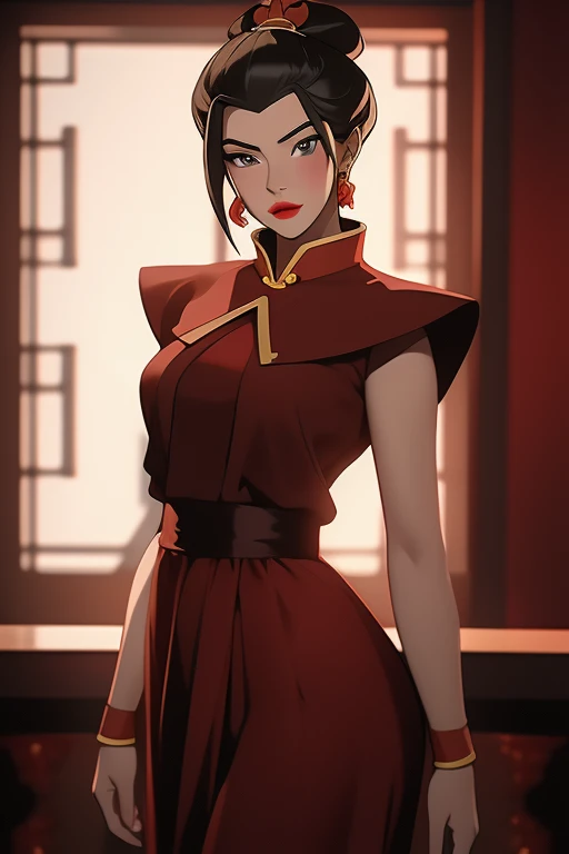 Beautiful, Masterpiece, Best Quality, extremely detailed face, perfect  lighting, Cowboy shot, 1girl, Azula, the perfect body, taut clothes, seductive, pomade, makeup, looking a viewer, wide thighs