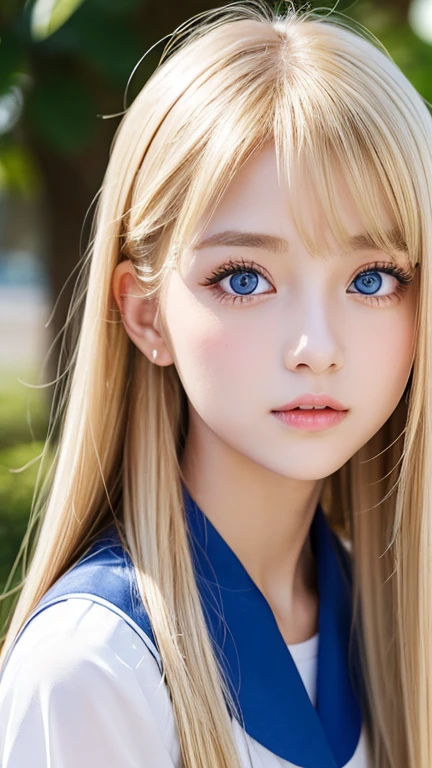 Portrait、school uniform、bright look、ponytail、Young, shiny, bright, white, glossy skin、gross face、Shining cheek gloss highlight、small face beauty、best beauty、dazzling blonde reflected light、Bright blonde hair with dazzling highlights、Very beautiful shiny bright blonde hair、super long silky straight hair、Beautiful shiny bangs between the eyes fall into the eyes、Shining, transparent, attractive, bright light blue big eyes、very big eyes、eyeliner、very beautiful lovely cute 16 year old girl、rich bust
