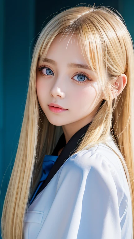 Portrait、school uniform、bright look、ponytail、Young, shiny, bright, white, glossy skin、gross face、Shining cheek gloss highlight、small face beauty、best beauty、dazzling blonde reflected light、Bright blonde hair with dazzling highlights、Very beautiful shiny bright blonde hair、super long silky straight hair、Beautiful shiny bangs between the eyes fall into the eyes、Shining, transparent, attractive, bright light blue big eyes、very big eyes、eyeliner、very beautiful lovely cute 16 year old girl、rich bust