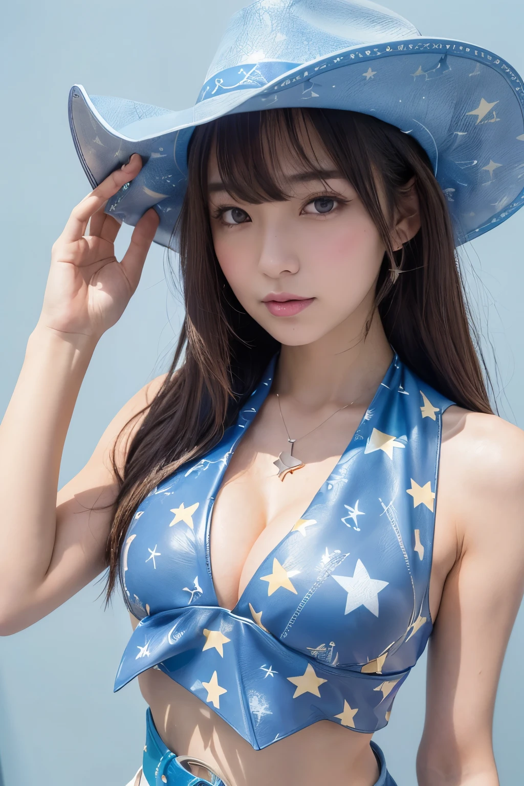 (1 woman、Japanese、20-year-old、Refreshing、clear、seems kind、stylish、attractive narrow eyes、Pitiful、天使のようにcute、cute、black eyes、Idol,actress,big breasts),(big :1.4).(very cute)、,(highlight on eyes:1.4),(broun hair),enchanting eyes、(8K、Live shooting、highest quality、masterpiece:1.2、optimal lighting)、(medium long hair, blunt bangs),masterpiece,(Photo taken by a professional photographer),(real、フォトreal:1.4),break,{BREAK (light-blue theme:1.4), (sexy cowgirl costume:1.2), (sleeveless (light-blue crop top) with (many small star-symbol print):1.4), (plunking neckline:1.4), ((bare shoulders, bare arms):1.3), ((collarbone, emphasize cleavage):1.3), (light-blue leather micro shorts with (many small star-symbol pattern):1.4), (light-blue Scarf:1.4), BREAK (white theme:1.3), (white ten gallon hat:1.4), (white (cowboy boots, western boots):1.2), (white belt:1.4), (wristband:1.2), BREAK (yellow theme:1.3), (yellow star-symbol print:1.4), (yellow star pattern:1.3),}, , (portrait),,,close up of face,cleavage,dynamic angle,