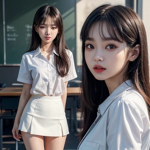 Solo 1 Asian Girl (Look liked Lisa (리사) Blackpink:1.1) in a Sexy student uniform (mini skirt and tight white shirt) Panties visible, Slim girl model, Sexy posing, Classroom, Real photo style, smile, shy, expressionless, expressions, multicolored eyes, eye reflection, open mouth, pain, facial hair, parted lips, nervous smile, expressions, bright pupils, oral invitation, depth of field, ray tracing, drop shadow, multiple views, f/1.8, bokeh, masterpiece, textured skin, anatomically correct, super detail, high quality, best quality, highres, 8k