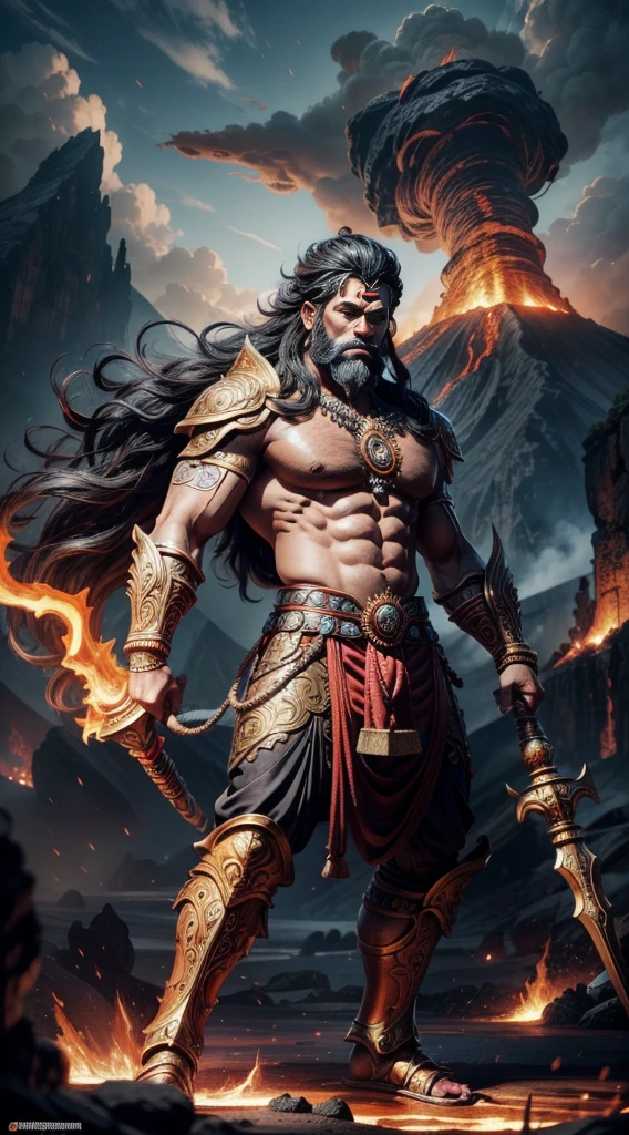 An artistic representation of a Lord Hanuman, dressed in an intricately designed suit of crimson-saffron armor that exudes power and authority. The Lord hanuman's hair in the fierce mountain winds, adding to his imposing presence. He grips his legendary Golden mace, a weapon of mythic proportions, with unwavering strength. The armor is adorned with ornate engravings and patterns, showcasing the artistry that went into its creation. The warrior stands amidst the harsh, volcanic landscape of lava mountains, with molten rivers of lava flowing nearby. The art style takes inspiration from the works of Boris Vallejo, blending elements of epic Ramayana and realism. The camera angle is a dynamic high angle, capturing the warrior's dominance over the fiery terrain. The render style is a fusion of fantasy and hyper-realism, evoking a sense of epic grandeur and danger, (((masterpiece))), (high res),
