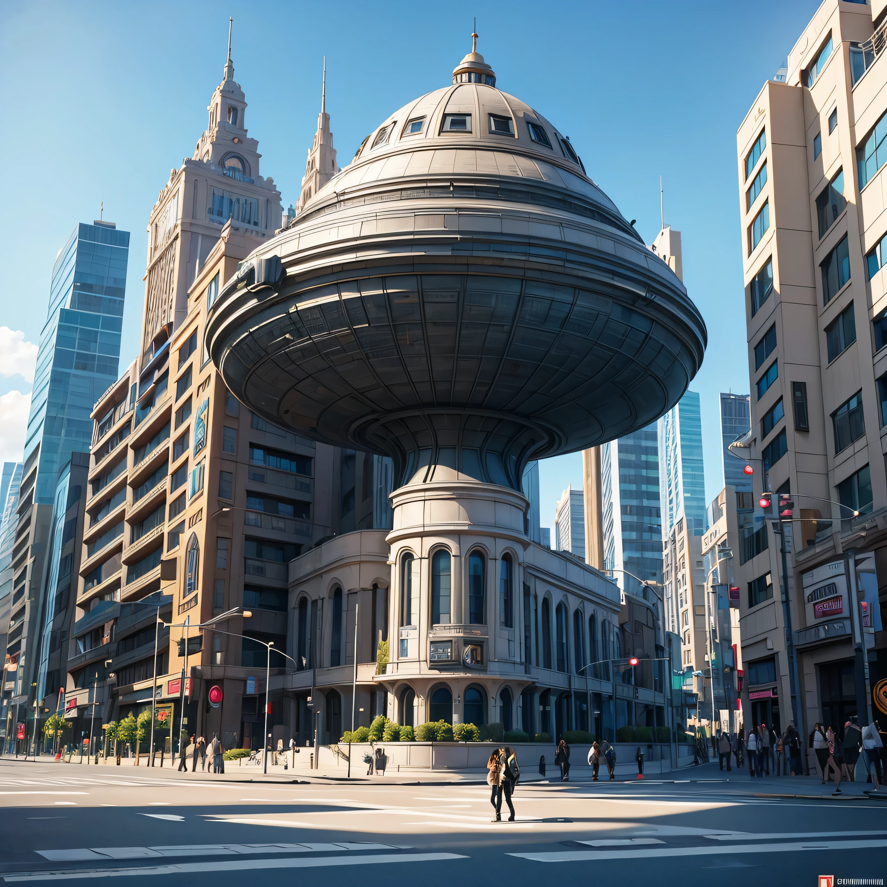 (The city of Coruscant from Star Wars as designed by Doug Chiang), futuristic fantasy city with immense buildings of technological design (que forman una avenida infinita), edificios compactor no difuminados con aspecto metalico, luces en ventanas en edificios, iluminacion diurna con sol, con estructuras acristaladas espectaculares, (con colores vivos). pavimento ensolado (sin brillo). gente paseando. imagen bien definida con muchos edificios juntos. imagen nitida bien definida 8k. los edificios llegan alta el fondo.,8k. imagen cinematografica. ((obra maestra de superior calidad)). (renderizado 3D).