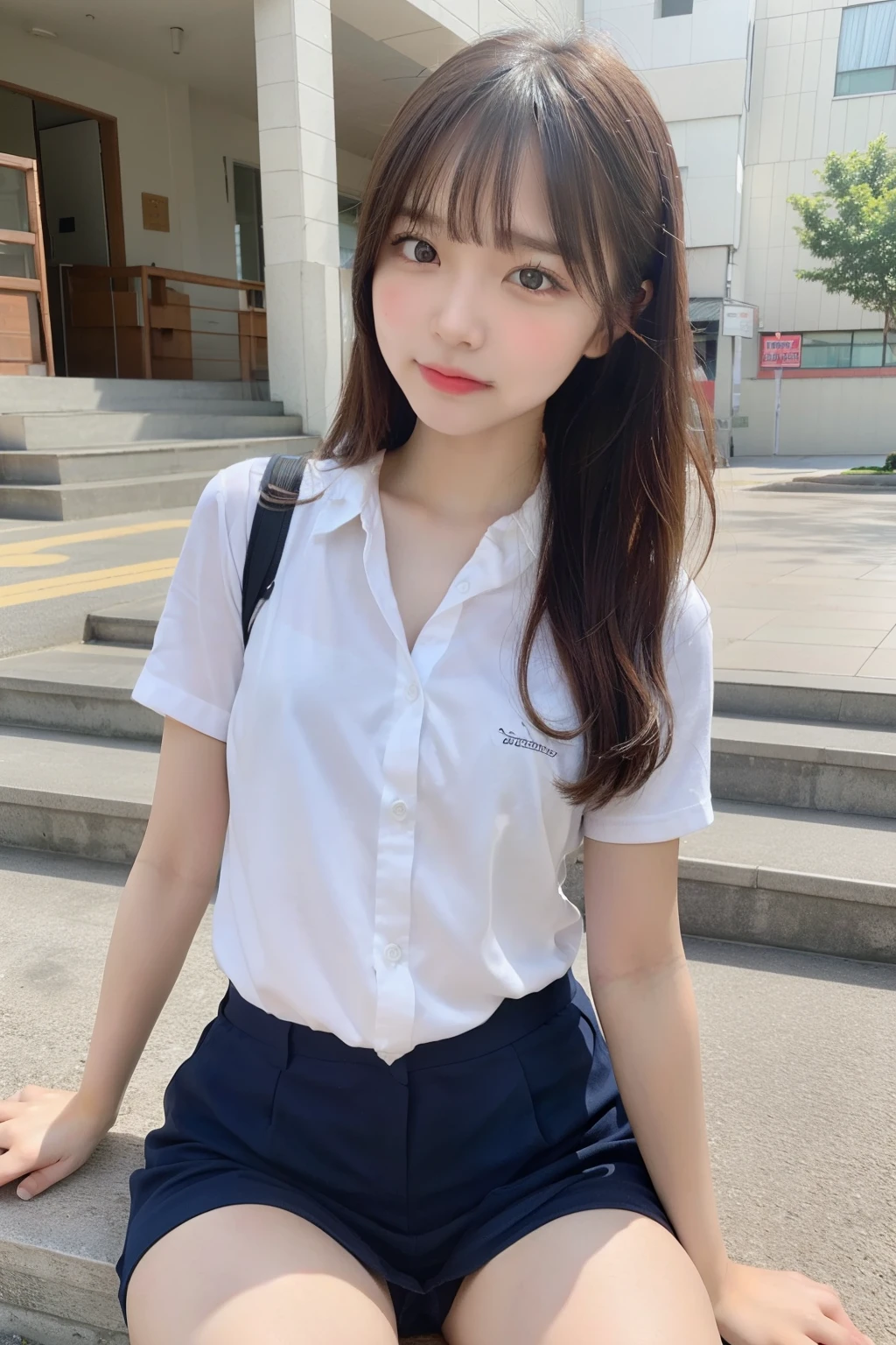1 girl、Sit on the school steps、spread legs、(open the thighs)、small breasts、(small breasts)、 (best quality: 1.1)、(highly detailed skin), (ultra high resolution:1.0) ,(realistic photo:1.0), (Super detailed:1.0), (8K, Raw photo:1.1)