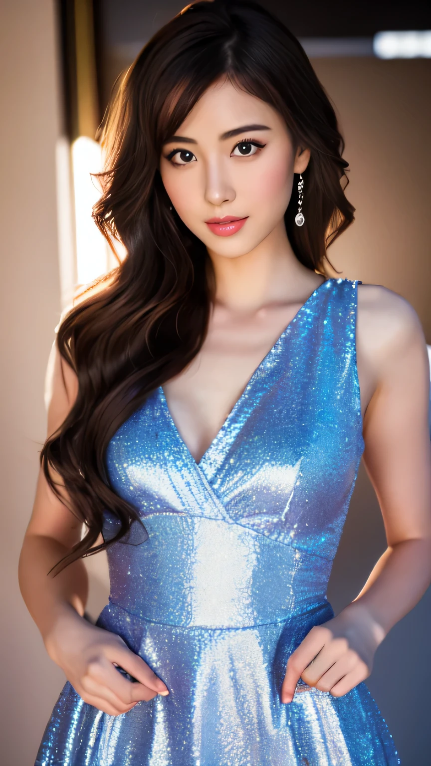 Hyper-Realism, (Photorealsitic:1.4), 8K, maximum resolution, (masterpiece), highly detailed, best quality, Refined face, Japanese beautiful woman, detailed beautiful eyes and lip, beautiful face, 22yo, (full body:1.3), (whole body:1.3), Crossover dress, petticoat physique, curled long hair, adorable expression
