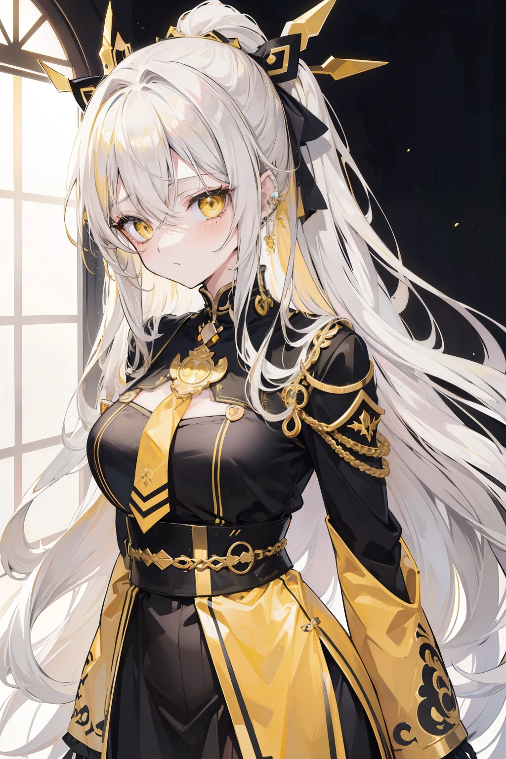 anime girl, grey long hair, piercing yellow eyes, blushing nervous looking to the side, good anatomy, beautiful background, normal ears, gold hair accessories, black and gold attire, palette of white, bright yellow and black, masterpiece