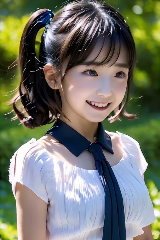 Japanese,7 years old,Innocent face,Teenage Girl,cute,Primary school students,private elementary school,uniform,Summer clothes,Are standing,Entrance ceremony,In front of the school gate,from the front,Close-up photo from the waist up,Twin tails,short hair,Hair Clip