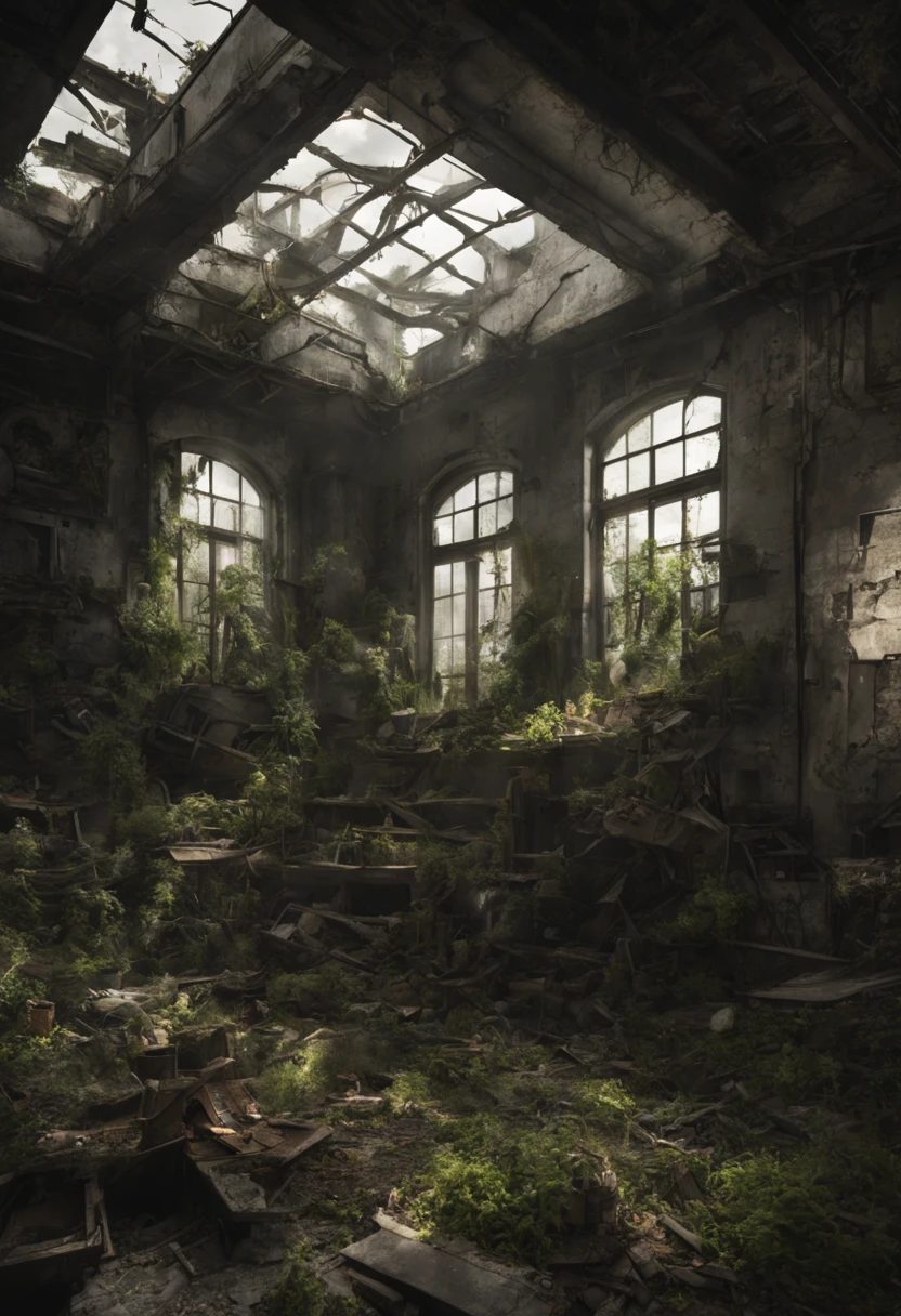 "Abandoned city, post apocalyptic scenery, Desolate and eerie atmosphere, building crumbling, overgrown plants, Undeservedly beautiful, dramatic lighting, Scattered debris, A sense of mystery and melancholy."