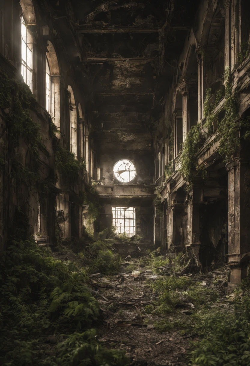 "Abandoned city, post apocalyptic scenery, Desolate and eerie atmosphere, building crumbling, overgrown plants, Undeservedly beautiful, dramatic lighting, Scattered debris, A sense of mystery and melancholy."