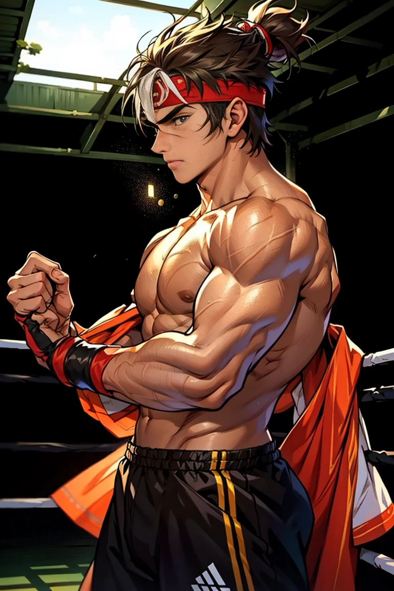 (Masterpiece, Best quality 16 year old boy,cute boy, Shota), 1 boy, Young, boy, Dark Short hair, full bodyesbian, Shirtless, babyface, Bare topless, green headband, Vivid colors,(Depth of field:1.2),(Abs), view the viewer, black wristband, closed mouth, serious, topless male, pale tanned skin with tight muscler body, Man with martial arts stance, epic Boxing pose,