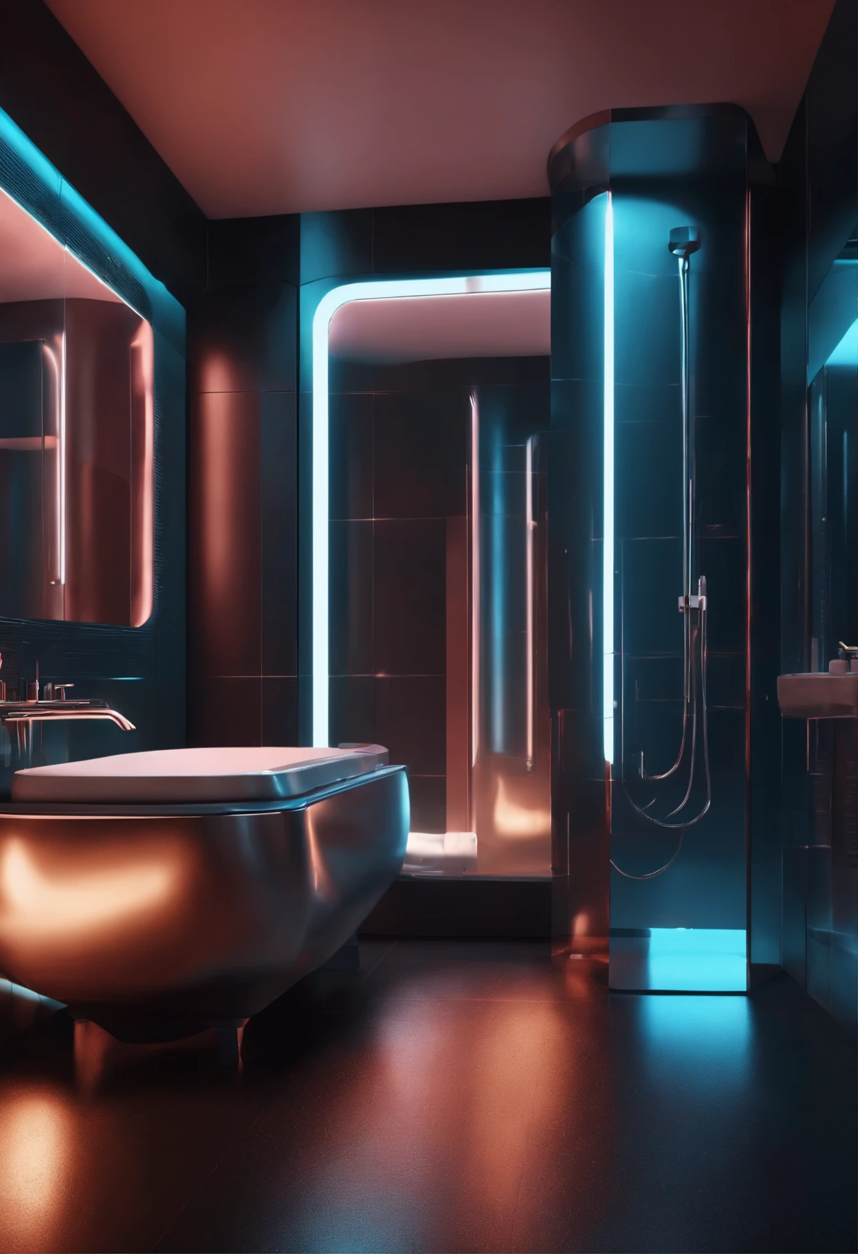 a bathroom that looks super futuristic, full of technology ,looks from the year 3090 in the fire, high detail, 8k