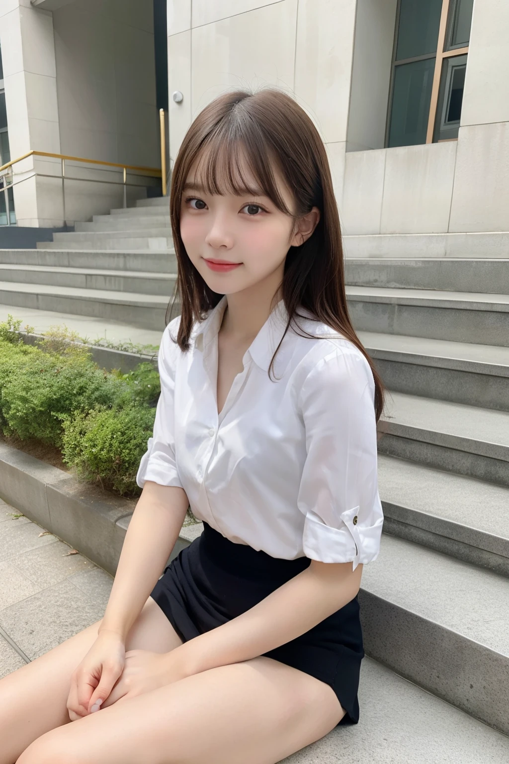 1 girl、Sit on the school steps、spread legs、(open the thighs)、small breasts、(small breasts)、 (best quality: 1.1)、(highly detailed skin), (ultra high resolution:1.0) ,(realistic photo:1.0), (Super detailed:1.0), (8K, Raw photo:1.1)