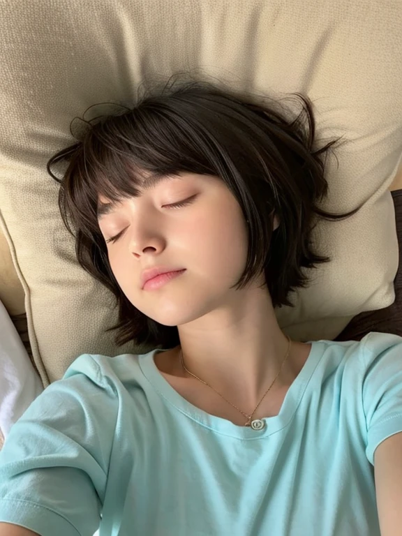 Women 19 year, selfie, short hair, sleeping,