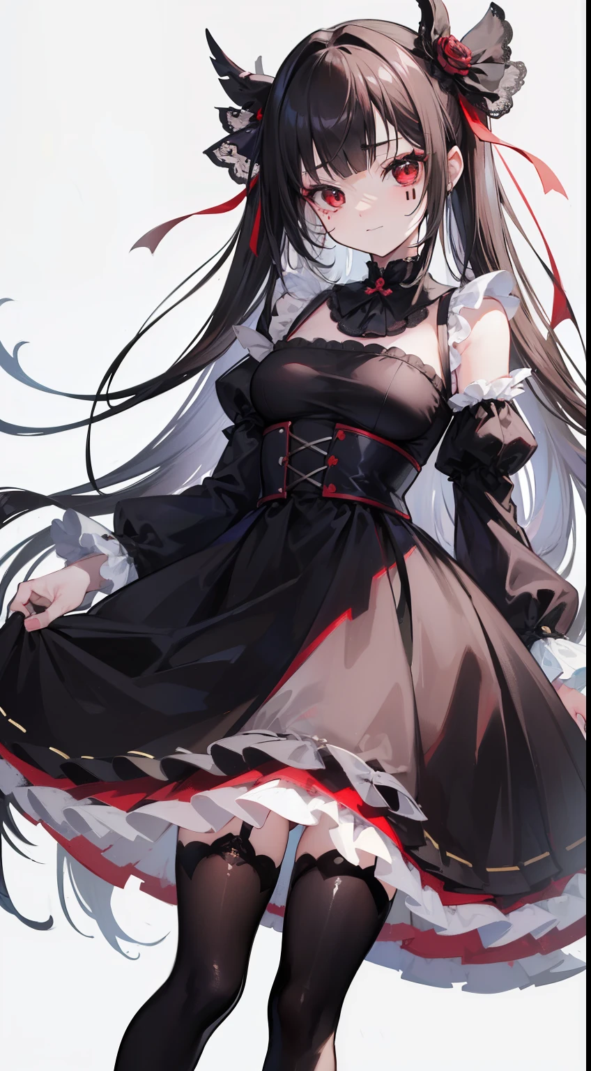 1 girl , long black hair, Red eyes, white wedding dress , big breasts, clear skin, happy face