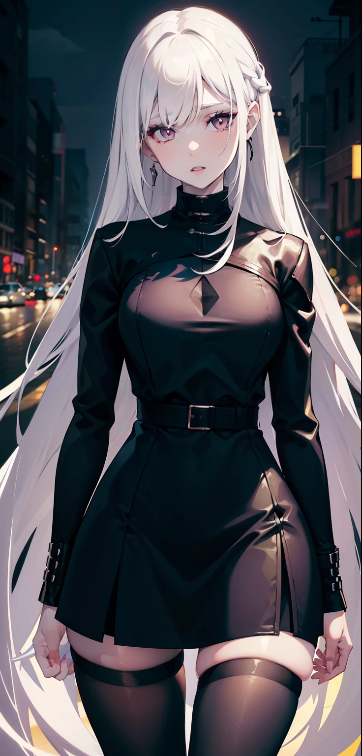 woman, pale skin, dark eyes, ear, eyebrow, lips, teeth showing, long straight white hair, short black skin-tight long sleeved dress, thin waist, thick legs, thick thighs, backdrop, ultra detailed street, night light, de night night day