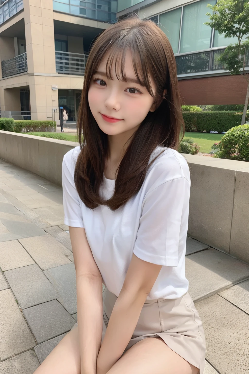 1 girl、Sit on the school steps、spread legs、（open the thighs）、small breasts、（small breasts）、 (best quality: 1.1)、(highly detailed skin), (ultra high resolution:1.0) ,(realistic photo:1.0), (Super detailed:1.0), (8K, Raw photo:1.1)
