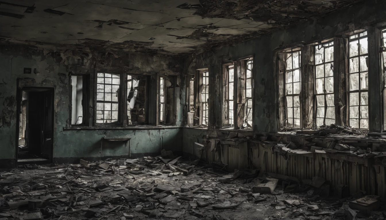 "Abandoned Schools, post apocalyptic scenery, Desolate and eerie atmosphere, building crumbling, Undeservedly beautiful, dramatic lighting, Scattered debris, A sense of mystery and melancholy."ruins