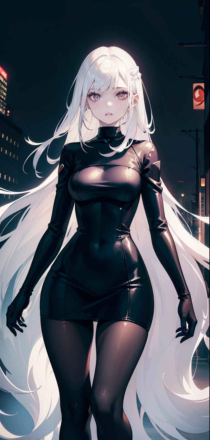 woman, pale skin, dark eyes, ear, eyebrow, lips, teeth showing, long straight white hair, short black skin-tight long sleeved dress, thin waist, thick legs, thick thighs, backdrop, ultra detailed street, night light, de night night day