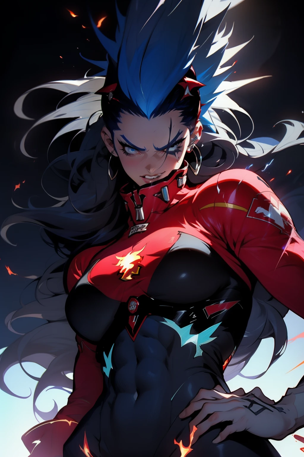 ((Best quality)), ((masterpiece)), (detailed: 1.4), (Absurd), 9full body0, muscular woman of 35 years, dark blue synthetic body, hot woman, sculptural body with defined muscles, closed mouth, muscular body wearing a micro thong, whole body covered by very dark blue clothes almost black neon style Genesis Evangelion, (((large breasts)), erect breasts, (((white mohawk hair))), (((graphic drawings of red flames covering the body))), very long black eyelashes, heavy eye makeup, by mucha, niji --V5, near the real, psychopath, crazy face, sexy pose, 2-piece clothing, pastel, centered, scale to suit the dimensions