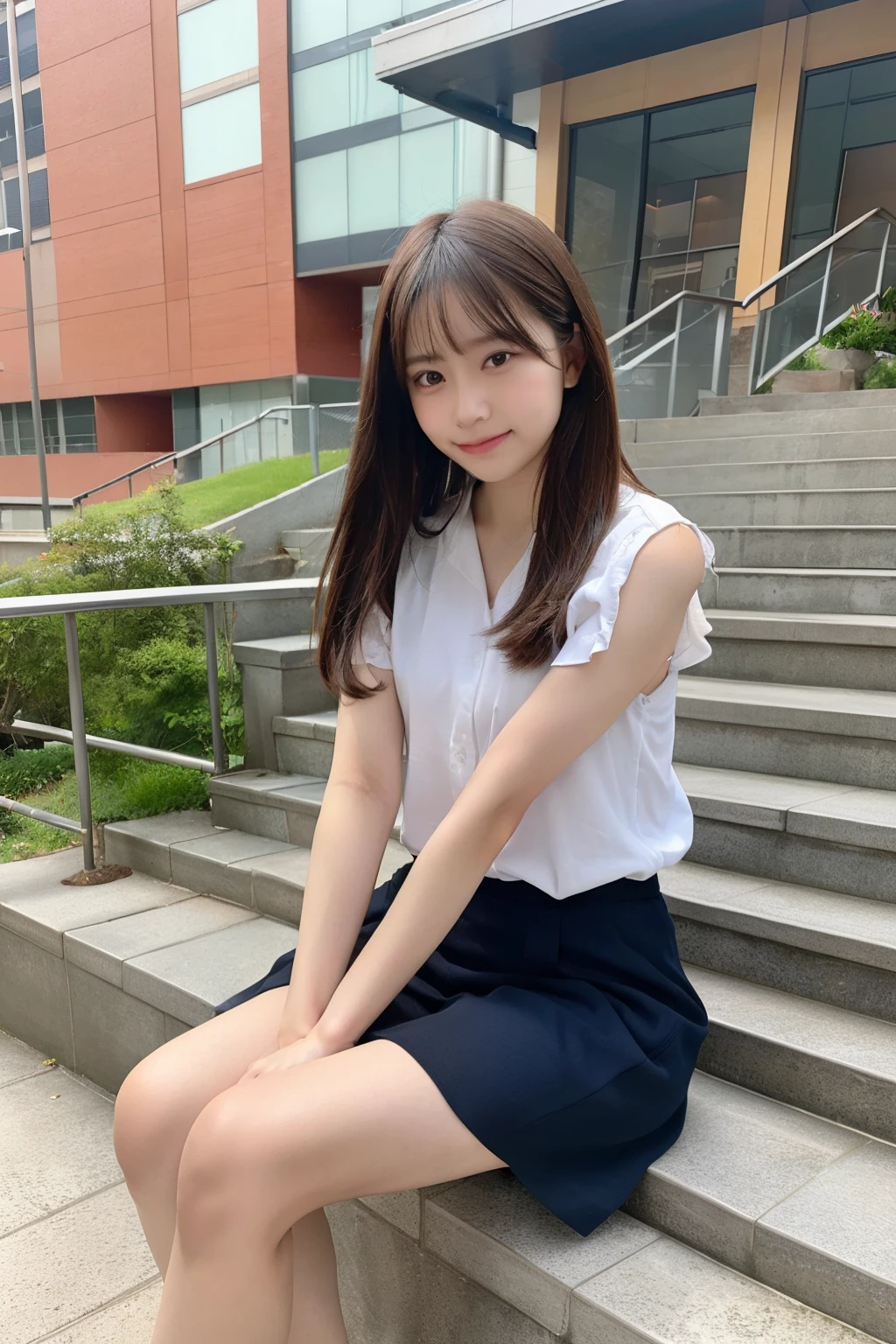 1 girl、Sit on the school steps、spread legs、（open the thighs）、own hugging feet, small breasts、（small breasts）、 (best quality: 1.1)、(highly detailed skin), (ultra high resolution:1.0) ,(realistic photo:1.0), (Super detailed:1.0), (8K, Raw photo:1.1)