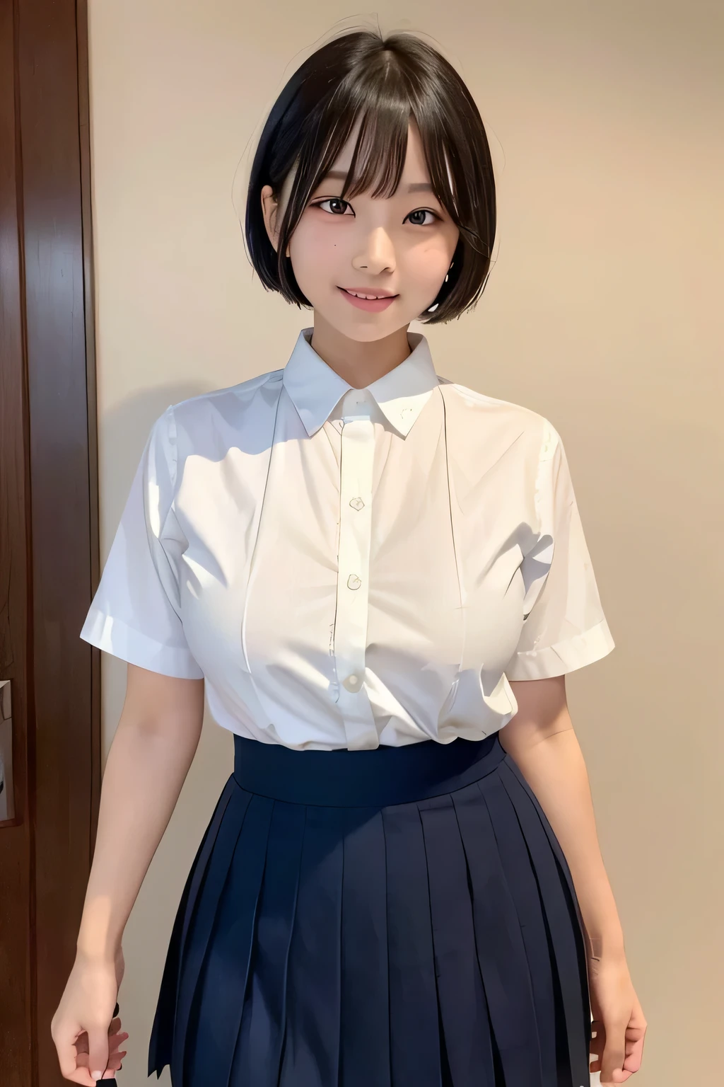 (narrow eyes:1.1), frontal shot , From the middle , (black eye), (japanese woman), 1 girl, (small eyes:1.1), very beautiful 17 year old girl, beautiful breasts:1.5, semi short hair, (highly detailed eyes:1.2), (beautiful breasts:1.1), bangs, (thick legs, huge hips, thick thighs), (white teeth), perfect skin, Fair skin, tight waist, light blush, alone, looking at the viewer, light smile, (white shirt, crew , dark blue pleated skirt:1.2)