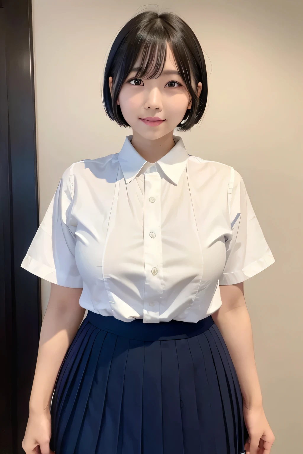 (narrow eyes:1.1), frontal shot , From the middle , (black eye), (japanese woman), 1 girl, (small eyes:1.1), very beautiful  girl, beautiful breasts:1.5, semi short hair, (highly detailed eyes:1.2), (beautiful breasts:1.1), bangs, (thick legs, huge hips, thick thighs), (white teeth), perfect skin, Fair skin, tight waist, light blush, alone, looking at the viewer, light smile, (white shirt, crew , dark blue pleated skirt:1.2)