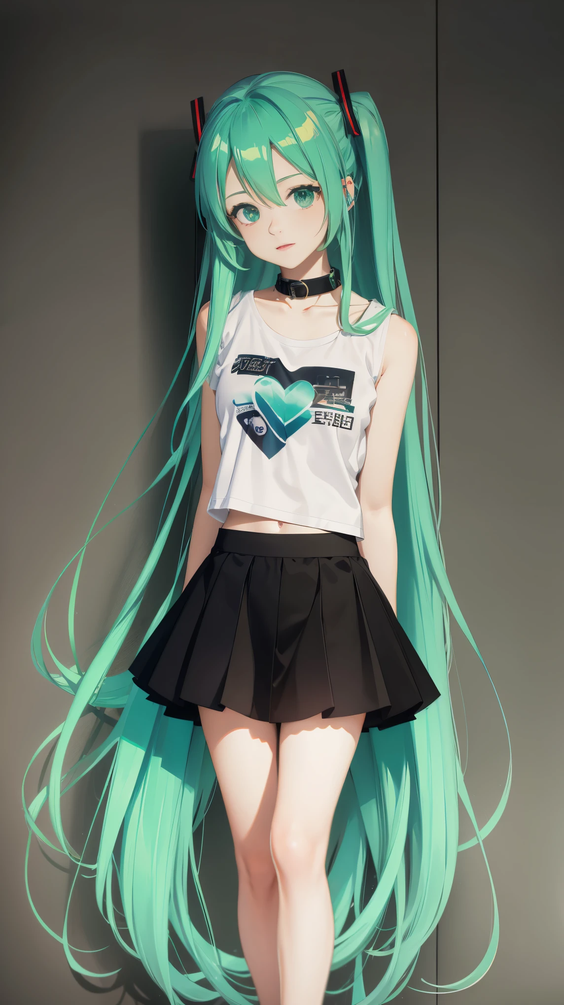 , Hatsune Miku, city, green hair, green eyes, vocaloid, girl in need, collar, white shirt, t-shirt, blue short, sleeveless, looking at viewer, standing