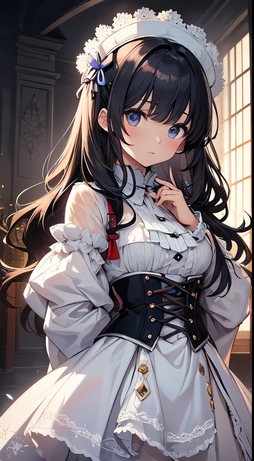 masutepiece,Best Quality, Illustration,{Beautiful detailed girl},Beautiful detailed glow,(flame of war:1.2),(nuclear explosion behide:1.3),Rain,Detailed Lighting,detailed water,(Beautiful detailed eyes:1.1),deadpan,palatial palace,Azure hair,disheveled hair,Long bangs,hairs between eyes,(whitegrey dress:1.1),a black ribbon,white bow ties,Midriff,big forhead,blank stare,flower,Long sleeves