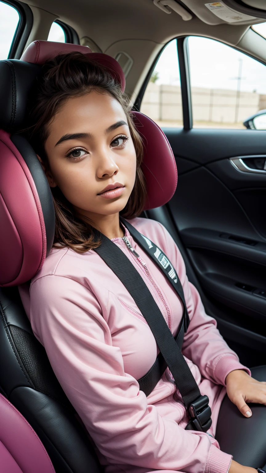 1girl, teenager, sitting in a carseat, backseat, buckled up, pink jumpsuit, cute, innocent