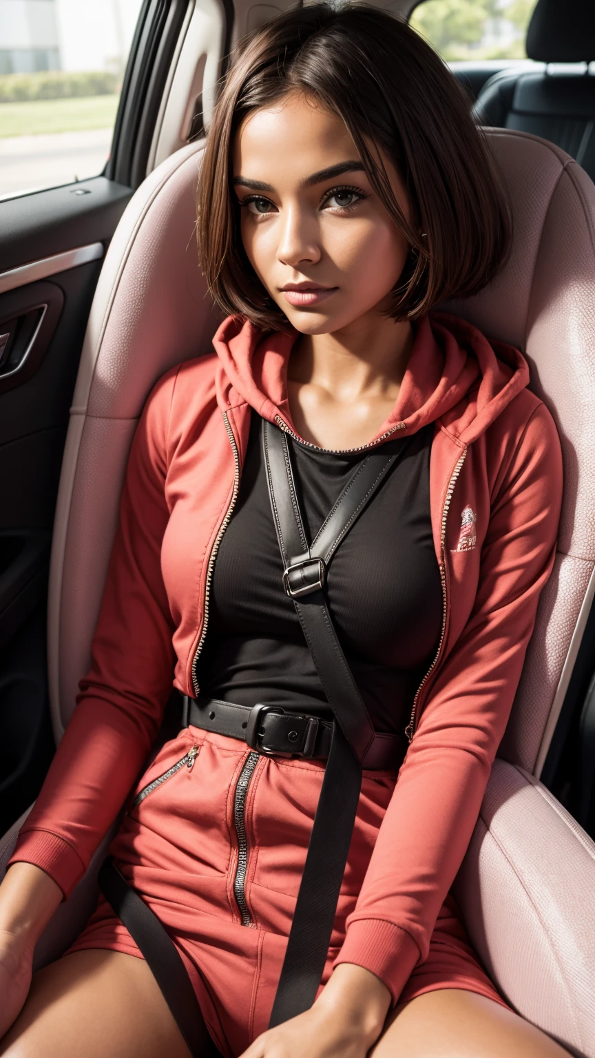 1girl, teenager, sitting in a carseat, backseat, buckled up, pink jumpsuit, cute, innocent