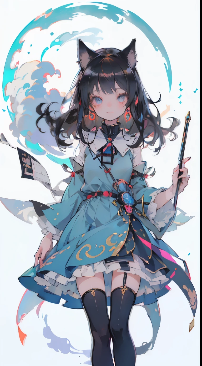 ((masutepiece, Best Quality: 1.1), ((Anime girl in blue dress with magic wand)), Art Nouveau、anime cat girl in a maid costume, , ((brown hairs))、The long-haired、((Shining jewel-like eyes Long eyelashes Transparency))、Very Beautiful Anime Cat Girl, anime catgirl, ((white knee highs)), attractive cat girl, inspired by Leiko Ikemura, aya takano color style, in ryuuou no oshigoto art style, Cat Girl, touhou character, Rei Hiroe、With a smile