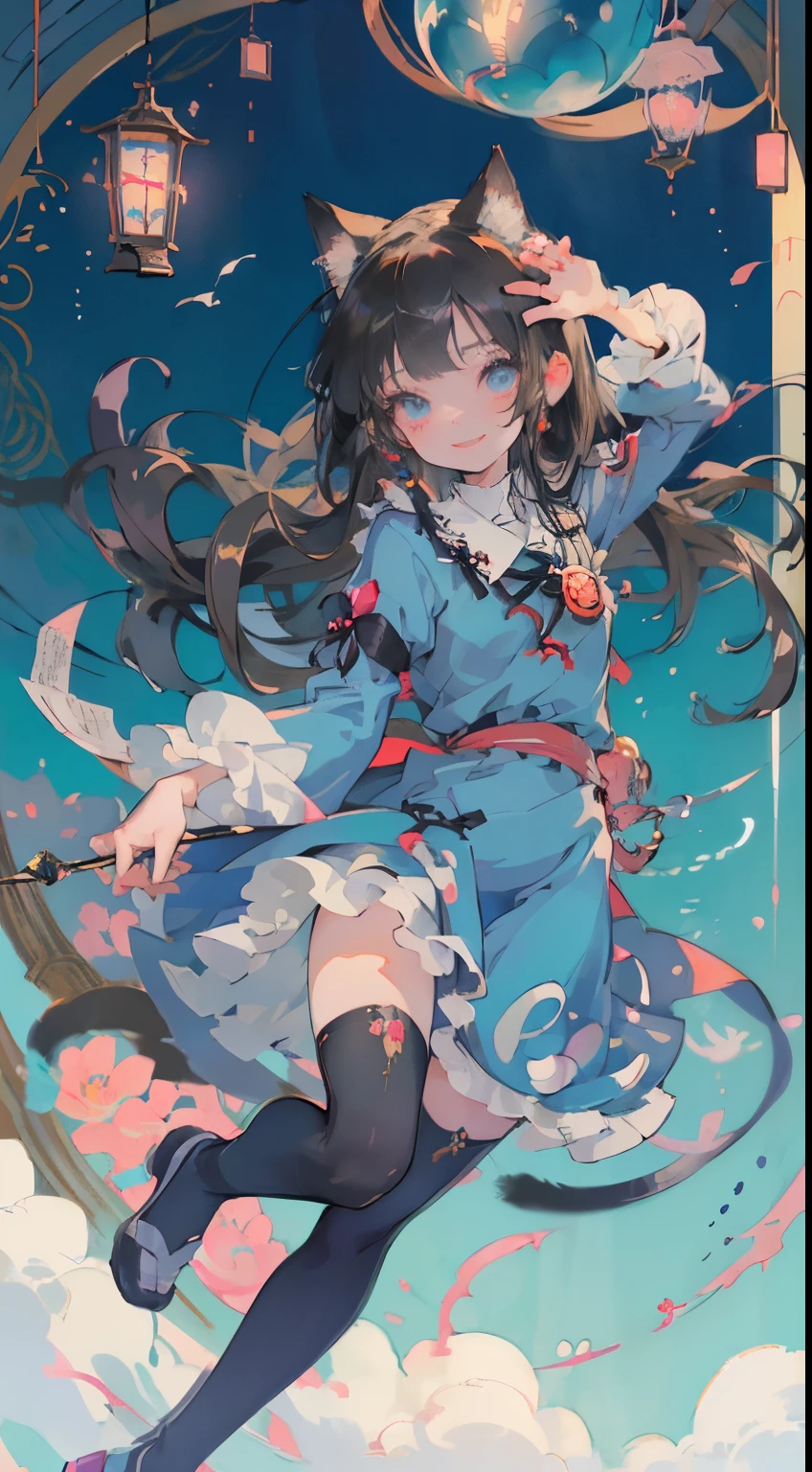 ((masutepiece, Best Quality: 1.1), ((Anime girl in blue dress with magic wand)), Art Nouveau、anime cat girl in a maid costume, , ((brown hairs))、The long-haired、((Shining jewel-like eyes Long eyelashes Transparency))、Very Beautiful Anime Cat Girl, anime catgirl, ((white knee highs)), attractive cat girl, inspired by Leiko Ikemura, aya takano color style, in ryuuou no oshigoto art style, Cat Girl, touhou character, Rei Hiroe、With a smile