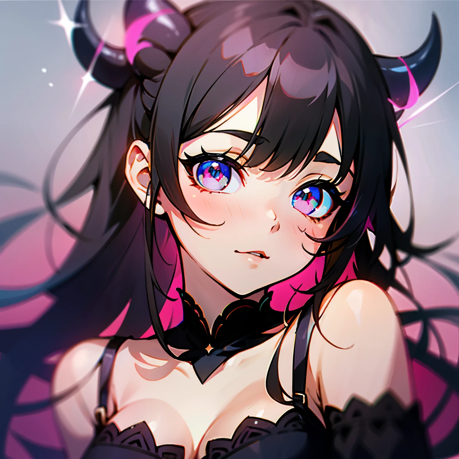(((highest quality))), illustration, 8k, depth of field, 1, cute, pink loving eyes, shoulder-length gradient black hair, little devil, extreme light and shadow, close-up, medium range shot, lacy underwear